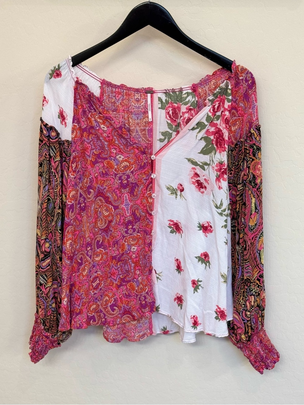 Free People Gemini Patchwork Print Button-Up Blouse Pink Paisley Floral Size M